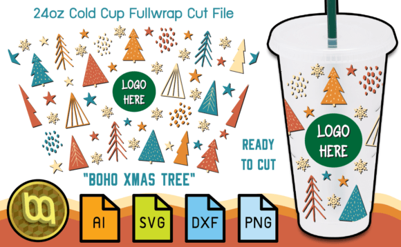 Boho Christmas Tree 24oz Cold Cup SVG: Graphics for Print Templates