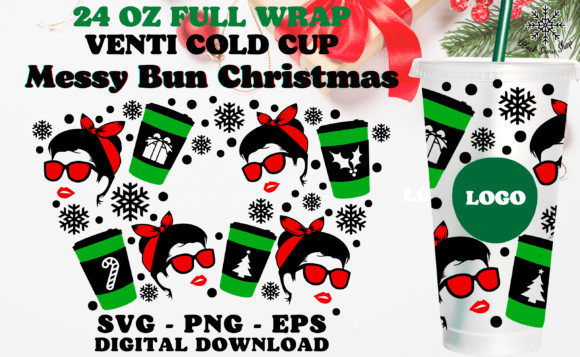 Messy Bun Christmas Wrap Cold Cup SVG: Graphics for Crafts